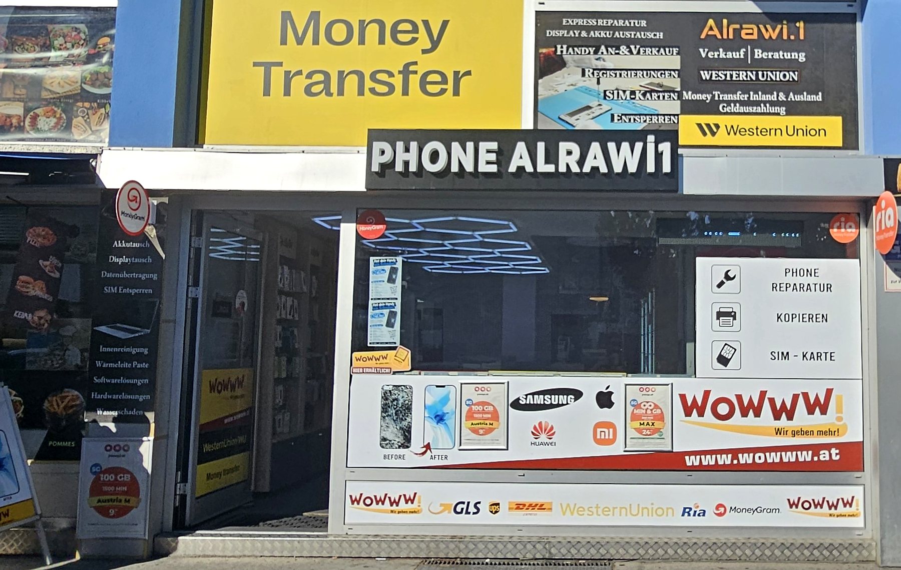 Geschäft von Phone Alrawi1 (SALWI OG) mit dem Schild „Phone Alrawi1“ in der Leonhard-von-Keutschach-Straße 16 in Salzburg
